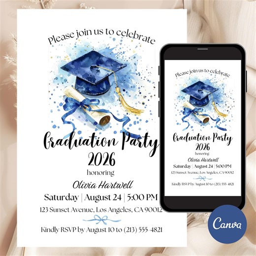 Graduation Invitation Template | Editable Graduation Party Invite | Blue Watercolor Grad Invite | Canva Evite | Printable Grad Invitation - Etsy