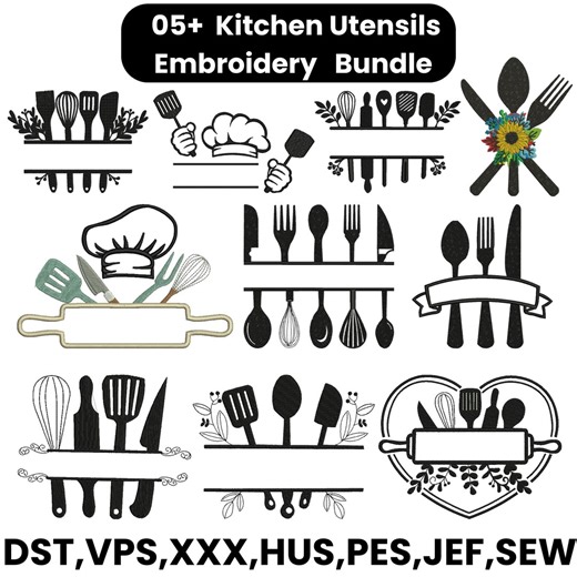 Kitchen Utensils Embroidery Design, Cutlery Embroidery, Split Embroidery, Kitchen Embroidery, Floral Kitchen Design, Machine Embroidery File - Etsy