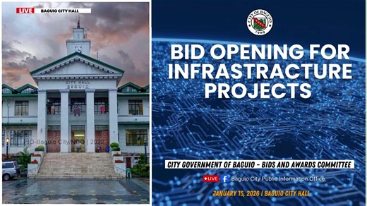 LIVE | BID OPENING FOR INFRA PROJECTS IN THE CITY | JANUARY 15, 2026 NEW PUBLICATION Construction of Vision – Mission Wall at City Engineering Office, Motorpool with Project Identification No. 8751-25-01 P499,900.00 | 30 Calendar Days NEW PUBLICATION Construction of Canopy from Bokawkan Road to Multipurpose Hall at Cresencia Village with Project Identification No. 8918-25-047 P750,000.00 | 46 Calendar Days NEW PUBLICATION Rehabilitation of stairs and construction of canopy along interior Malvar 
