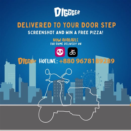 Get your favourite pizzas delivered right to your doorstep!! Order now, call our hotline: 8809678189289 Screenshot at the perfect moment to catch the scooter to win a free pizza! Here are the instructions: 1. Stop the video at the right moment to catch the scooter 2. Take a screenshot 3. Post it in the comments section 4. Share this post. | Diggger