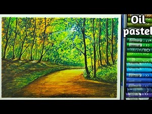 Oil pastel drawing|Tree landscape oil pastel drawing for Beginner|Shiny forest drawing with Pathway