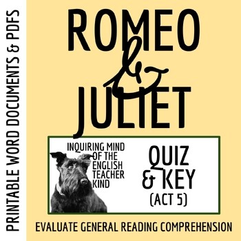Romeo and Juliet Act 5 Quiz and Answer Key | Shakespeare Assessment | Worksheet