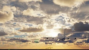 The passenger airplane taking off from airport runway against evening sky and sunset. Traveling and flying for the vacation with the business jet and commercial airliner. Airplane take off, 3d render.