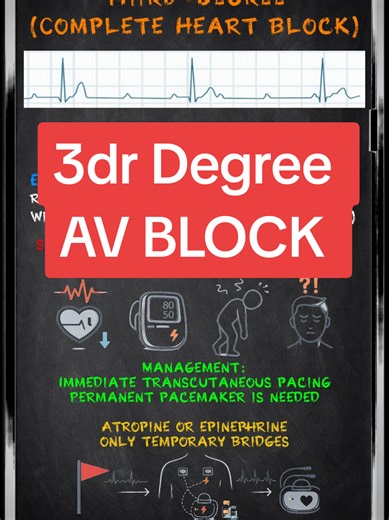 ECG Study Note: Third-Degree AV Block (Complete Heart Block) In third-degree AV block, atrial impulses do not conduct to the ventricles. The atria and ventricles beat independently. Key idea: P waves and QRS complexes occur regularly but without any consistent relationship. #ecg #cardiology #medicaleducation #nursingstudent #ecgstudy