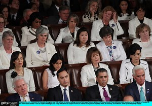 Women from the Democratic party made a visual statement at Donald Trump’s address to Congress on Tuesday night by wearing white, a symbol of the suffrage movement. | The Guardian