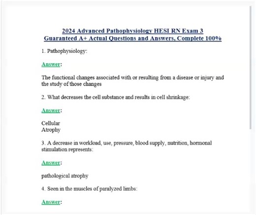 Nurse Jess on Instagram: "2026 Advanced Pathophysiology HESI RN Exam 3 Guaranteed A+ Actual Questions and Answers, Complete 100% (Complete And Verified Study material) (9pages) LEARNEXAMS Pathophysiology: Answer: The functional changes associated with or resulting from a disease or injury and the study of those changes 2. What decreases the cellsubstance and results in cell shrinkage: Answer: Cellular Atrophy 3. A decrease in workload, use, pressure, blood supply, nutrition, hormonal stimulation