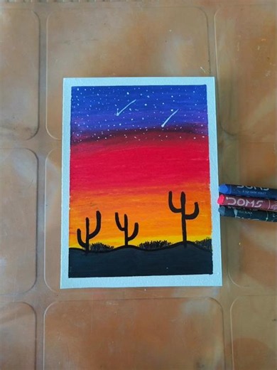 ड्राइंग|Easy Sunset Desert Drawing with Oil Pastels | Step-by-Step Tutorial