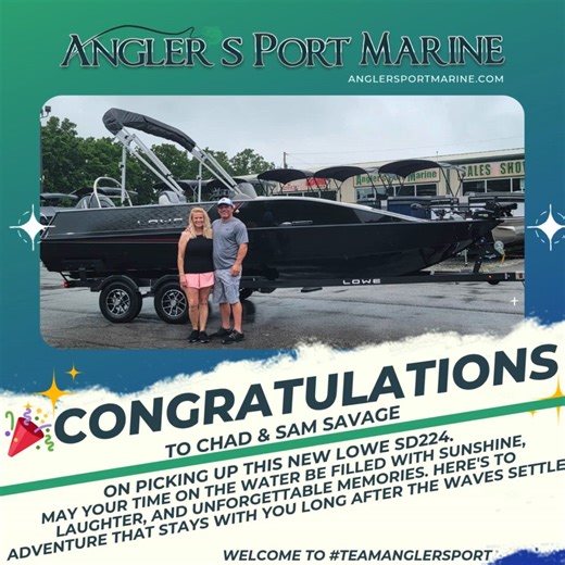 🎉 A huge welcome to the Angler’s Port Marine Family, Chad & Sam Savage! We can’t wait to see you making unforgettable memories in your stunning new LOWE SD224. Here’s to thrilling adventures, joyful moments, and sun-soaked days ahead! #BoatLove #WaterAdventures #MarineFamily #LoweBoats #LoweDeckBoat #AdventureAwaits #AnglersPortMarine | Angler's Port Marine