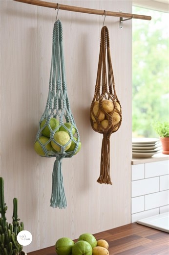 Hanging Fruit Basket Macrame, Space Saving Kitchen Storage, Produce Organizer, Onion Potato Holder, Small Kitchen Organizer