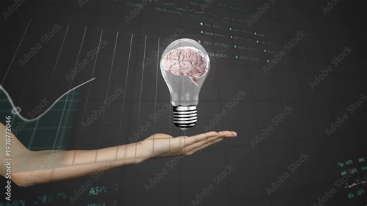 Left palm holding falling brain bulb, causing percent updates and teal graph drawing for data