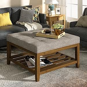 Befurtori Large Square Ottoman Coffee Table, Linen Solid Upholstered Footrest Ottoman with Solid Wood Shelf Storage Tufted Coffee Table for Bedroom Living Room, Linen