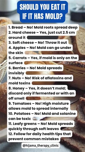 Mold on food? Don’t guess – here’s what’s safe to eat & what to toss! 🛑✅ Save this guide for your next grocery check! #FoodSafety #MoldyFood #EatOrToss #HealthTips #FoodHygiene #SafeEating #KitchenHacks #FoodKnowledge #HealthyLiving #CleanEating #FoodFacts #KitchenTips #Wellness #Nutrition #FoodSafetyTips | Hijama Therapy Clinic