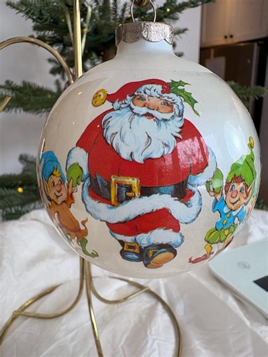 Large Vintage Glass Christmas Tree Bulb - Santa and His Elves