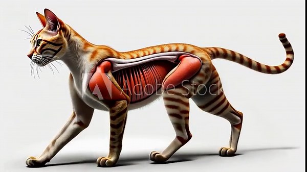 Cat anatomy, muscle structure, skeletal system. Animal biology. Muscles expand with vigorous activity. Bone strength supports feline agility. Biological adaptation enhances survival skills.