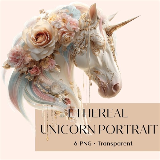 Ethereal Unicorn Portrait Clipart Set – Romantic Floral Unicorn Heads PNG, Vintage Fantasy Illustration - Etsy
