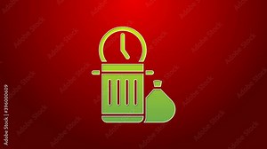 Green line Waste of time icon isolated on red background. Trash can. Garbage bin sign. Recycle basket icon. Office trash icon. 4K Video motion graphic animation