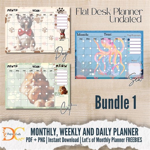 Dog Cat Sea Creatures Desk Planner Bundle | Undated Monthly Weekly Daily (PDF PNG Download) - Etsy