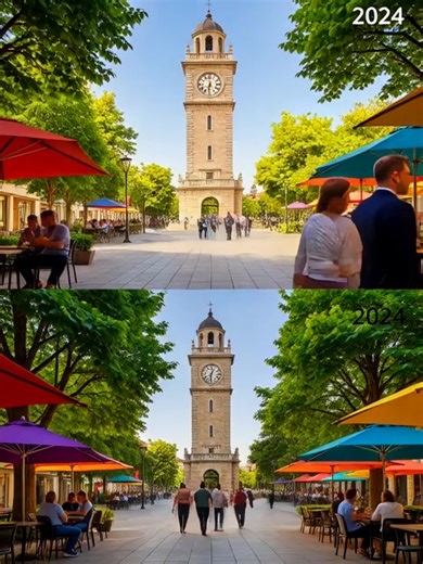 "This compelling "Then and Now" comparison presents an iconic Clock Tower from 1885 and 2024. Standing as a steadfast sentinel through the centuries, the tower itself showcases remarkable architectural continuity, a testament to its enduring design and careful preservation. Its intricate details, from the clock face to the elegant cupola, have largely remained consistent over 139 years.The surrounding square, however, reveals a dramatic transformation of urban life. The dusty, unpaved thoroughfa