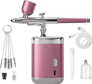 Airbrush Kit 1200ma Airbrush Set with Compressor Portable Airbrush Set for Makeup Cake Decoration Model Painting Nail Art Barber (Pink Single Action)