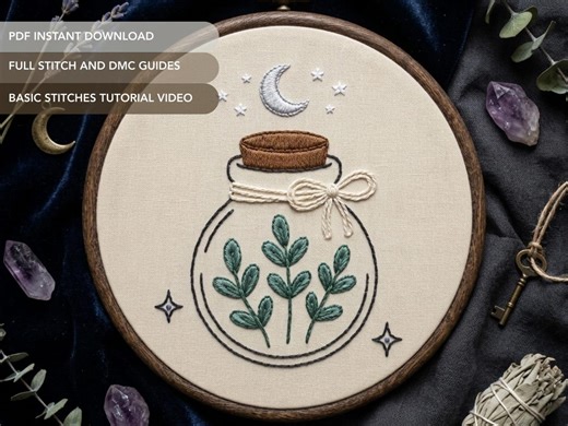 Enchanted Herb Jar Embroidery Pattern PDF, Celestial Apothecary Hand Embroidery Design - Etsy