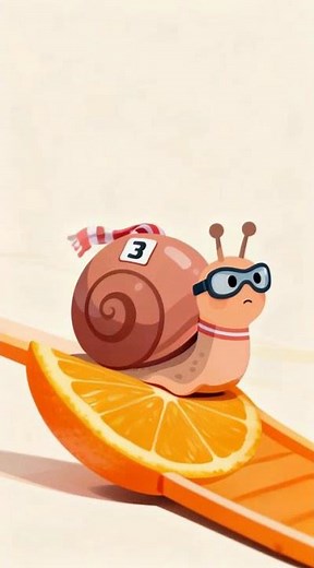 snail racer with determined racing expression climbing orange slice incline