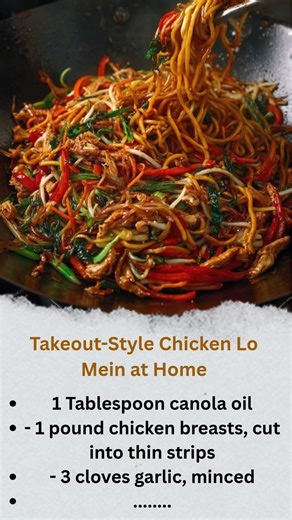 Takeout-Style Chicken Lo Mein at Home 😋😋 🍜 Chicken Lo Mein is a savory and satisfying dish that brings together tender chicken strips, crisp vegetables, and flavorful noodles in a delicious sauce. This recipe offers a perfect balance of flavors and textures, making it a favorite for quick and easy weeknight dinners or casual gatherings with friends and family. Ingredients: Chicken: - 1 Tablespoon canola oil - 1 pound chicken breasts, cut into thin strips - 3 cloves garlic, minced - 2 Tablespo