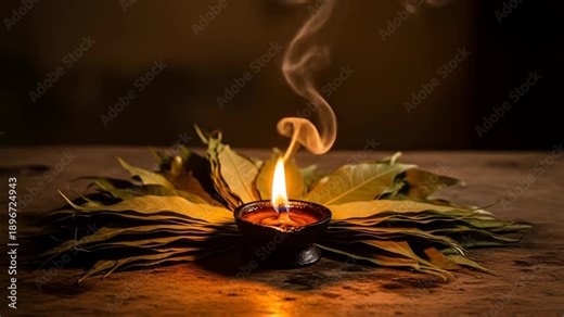 Earthen Oil Lamp and Mango Leaves A Traditional Ritualistic Arrangement with Rising Smoke in Warm Tones