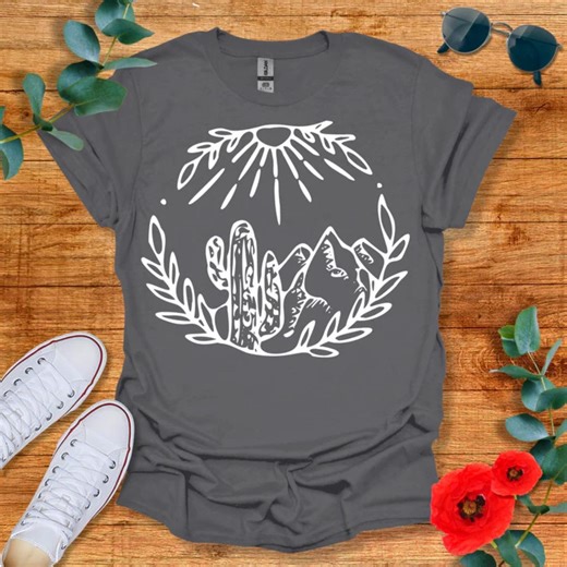 Boho Desert Cactus Shirt, Mountain Line Art T Shirt, Sun Nature Graphic Tee, Minimalist Outdoor Unisex Shirt - Etsy
