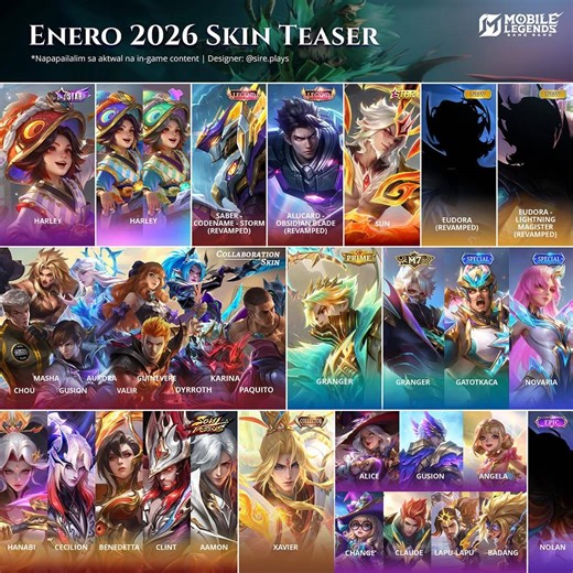 Mobile Legends January 2026 Skin Teaser Release features Revamped Legend skins, KOF skins, and more