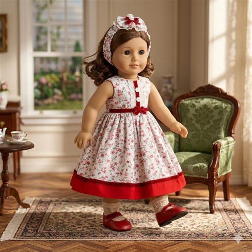 18 Inch Doll Dress With Matching Headband | Floral Print, Red Velvet Trim - Etsy