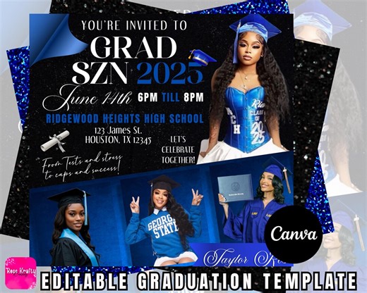 Blue Grad SZN 2025 Graduation Flyer Canva Template | Editable Grad Party Invitation - Etsy