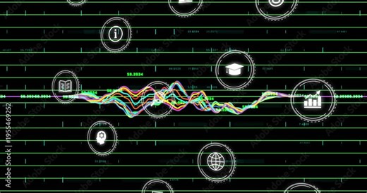 Waveform reacting to data, forming peaks, moving right revealing values and icons for analytics