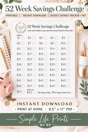 52 Week Savings Challenge Printable | Money Saving Tracker | Instant Download - Etsy