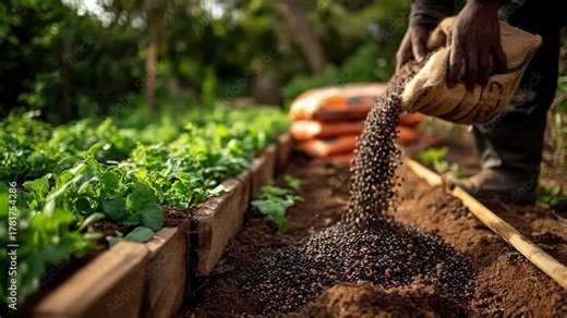 Organic fertilizer being manually distributed over vegetable gardens showcasing sustainable agricultural practices that improve soil fertility naturally.