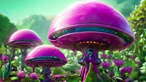 Futuristic pink mushrooms in a vibrant alien landscape. Sci-fi scene with large pink fungi and lush greenery. Concept of alien nature, futuristic plants, extraterrestrial environment, fantasy flora