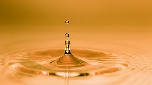 Super slow motion of dripping golden liquid drop filmed with macro lens. Filmed on high speed cinema camera, 1000 fps.
