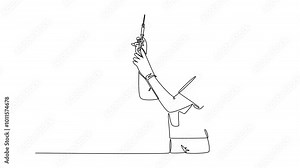 Self drawing animation of single line draw of female doctor testing syringe injection work properly to inject vaccine to patient. Medical healthcare concept. Continuous line draw. Full length animated