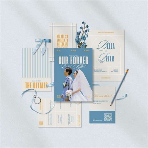 Retro Wedding Invitation Suite • Canva Template • Vintage, Blue, Yellow, Beige, Vertical Design - Etsy