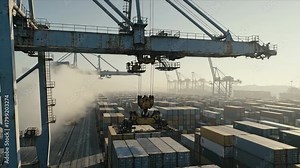 Crane operating at a busy cargo port, moving shipping containers in a storage yard with visible exhaust fumes.