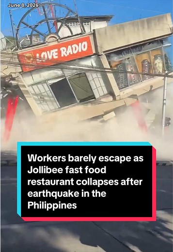 A Jollibee fast food restaurant collapsed after a powerful 7.8-magnitude earthquake struck the Philippines’ Mindanao region on Monday, June 8. The video also shows three people, including two uniformed Jollibee employees, fleeing the three-story building just moments before it came crumbling down. Jollibee said in a statement that all its employees had “been accounted for and are safe,” according to local reports. #philippines #earthquake #news