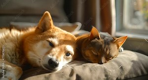 A cat and a dog peacefully asleep together on a couch. The cat and dog are snuggled up next to each other in a cozy nap.