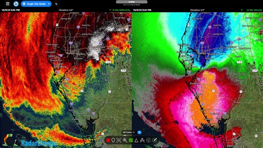 Here's a look at reflectivity and velocity data from the KTBW radar tower in the moments surrounding Hurricane #Milton's landfall. #FLwx | RadarOmega