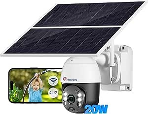 Ctronics 24/7 Recording Security Camera with 20W Solar Panel 20000mAh Built-in Battery, 360° View Camera Wireless Outdoor Solar Powered with Color Night Vision, Human Detection, Metal Shell, IP66