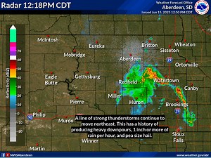 Radar update 12:50: A line of storms is moving off to the northeast around 40 mph. This has a history of producing torrential rain and pea size hail. Please do not drive through flooded roadways. Turn Around Don't Drown! This cluster of storms will be passing over Roberts County in SD along with Big Stone and Traverse Counties in MN, where the ground is already saturated from the heavy rain a couple of days ago. Please report if there is any additional flooding as the storms pass through this ar