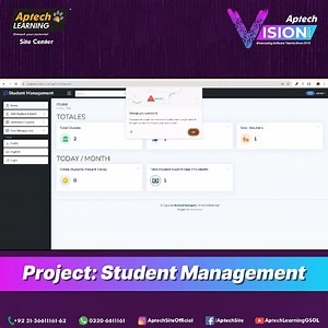 The Student Management System developed using PHP and MySQL streamlines the management of student information, attendance, and academic performance. It provides administrators with tools to manage classes, track grades, and communicate with students. Students can access their profiles, view schedules, and stay updated on academic progress. | Aptech Computer Education Site Center