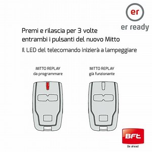 La tecnologia che ti presentiamo oggi rende semplice ed immediata un'operazione che può essere molto complessa e lunga. La clonazione diretta dei telecomandi grazie alla tecnologia ER-Ready diventa quasi automatica e a prova di errore: sarà infatti il telecomando MITTO già programmato ad "insegnare" ad un MITTO REPLAY il codice corretto per auto-memorizzarsi al primo utilizzo. Scopri di più sulla tecnologia ER-Ready => https://loom.ly/vLOTuN0 | BFT Automation