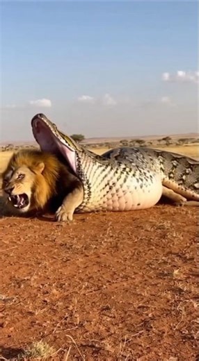 A shocking sight in the African savanna as a giant python swallows a lion alive. #lion #python
