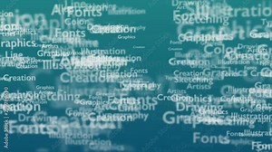 Light blue background with different words, which deal with design. Close up. Copy space. 3D. Animatiom. 4K.