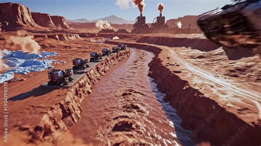 Mining convoy transports blue crystals across desert canyon, heavy rigs kick dust, autonomous drones scout route, engineers monitor haul to distant outpost under harsh sunlight