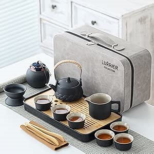 LURRIER Gongfu tea sets, Portable Ceramic TeaSet, Asian Tea sets for adult, Tea Gift sets, Grey leather case, Portable Travel Bag,Home,Gifting,Outdoor and Office(Black)